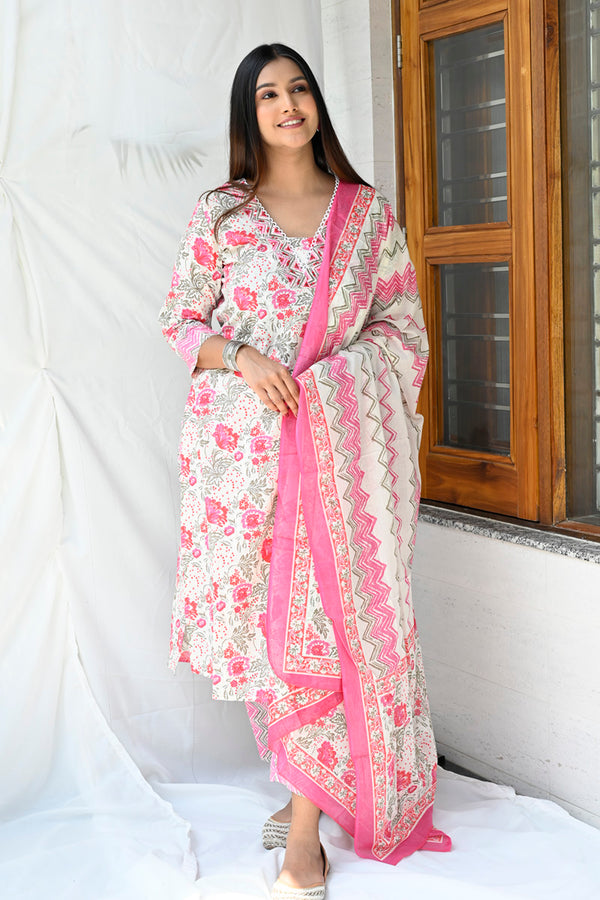 Pearl Rose Cotton Suit Set with Dupatta