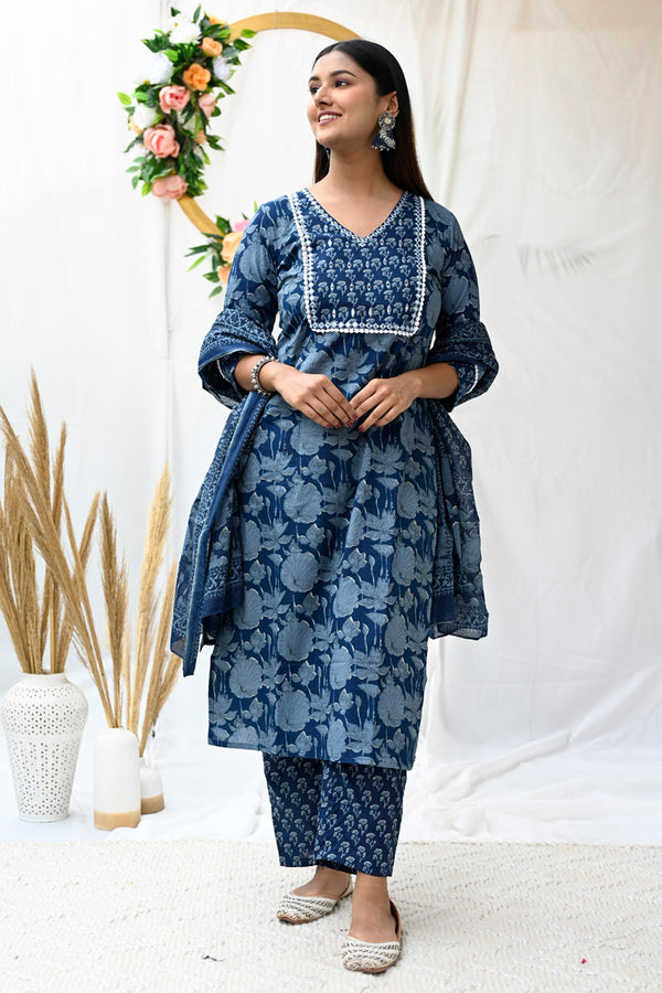 Indigo Charm Cotton Suit Set with Dupatta