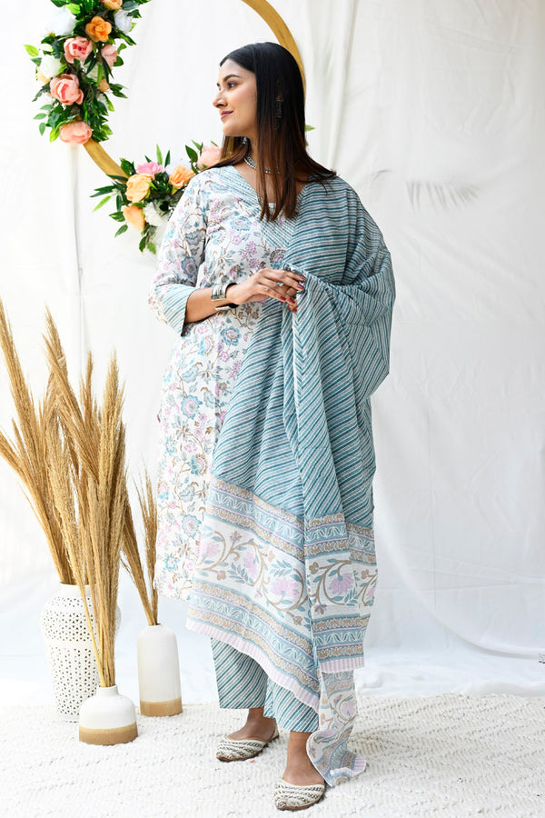 Azure Elegance Cotton Suit Set