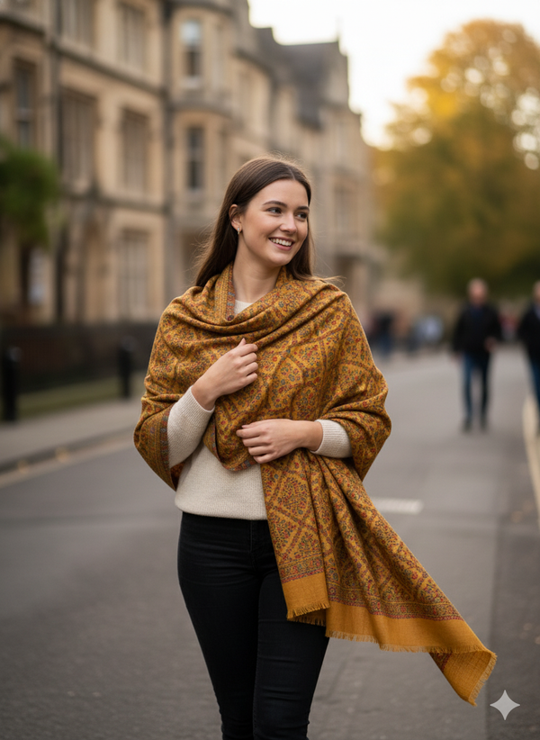 Mustard Jamawar Stole with Elegant Traditional Pattern