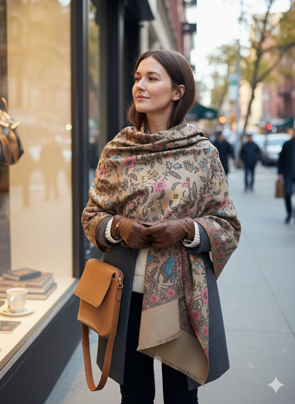 Warm Beige Jamawar Shawl with Refined Patterns