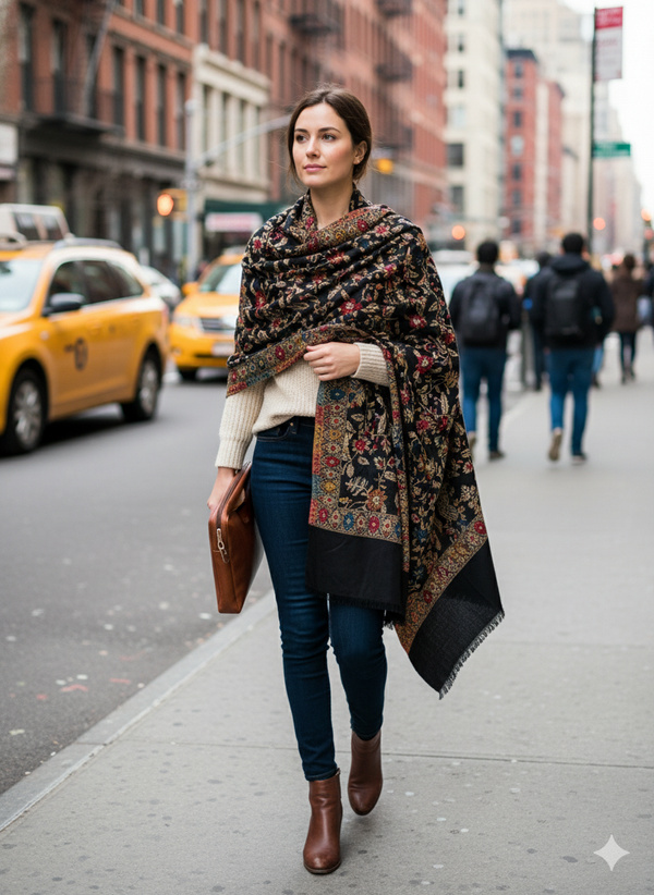 Black Jamawar Stole with Timeless Detailing