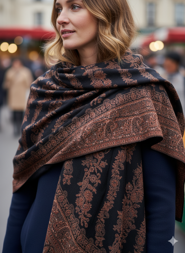 Detailed Black Jamawar Shawl in Regal Finish