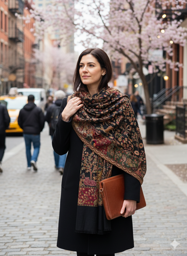 Black Wool Blend Shawl with Kani Heritage Weave