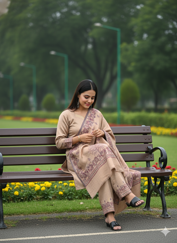 Warm Beige Woollen Suit Ensemble
