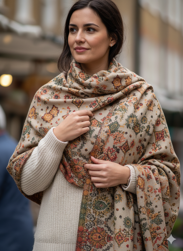 Soft Shawl Wool Blend with kani Pattern in Beige