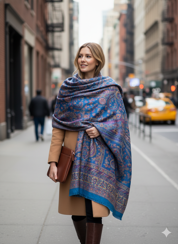 Wool Blend Jamawar Shawl in Subtle Off-white Hue