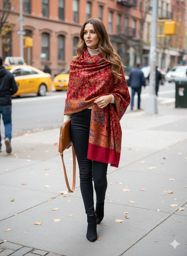 Rich Maroon Wool Blend Shawl with Kani Details