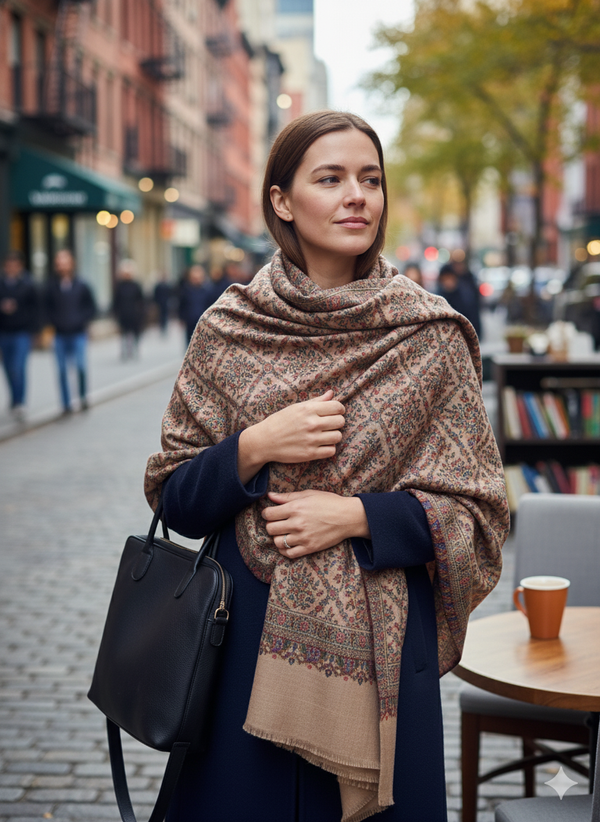 Beige Jamawar Stole with Understated Elegance