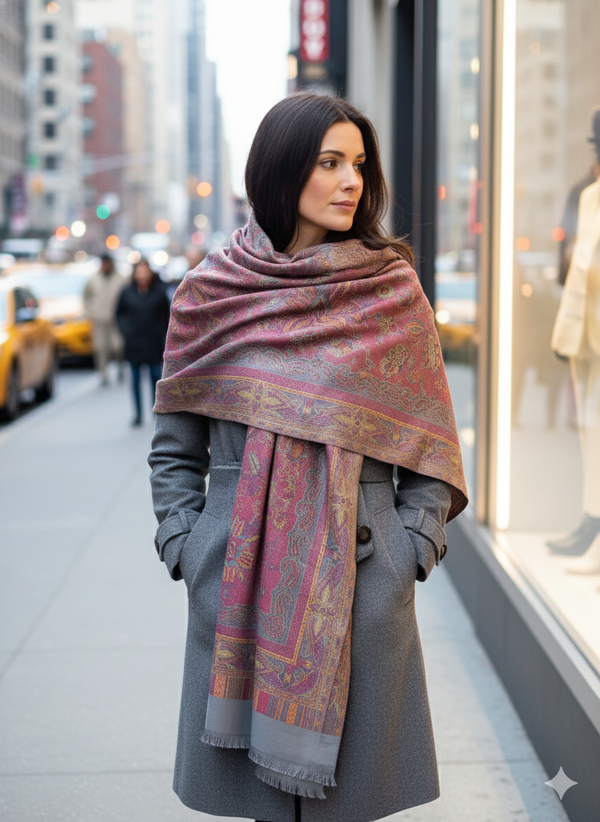 Dual-Tone Jamawar Shawl in Pink and Blue with Heritage Design