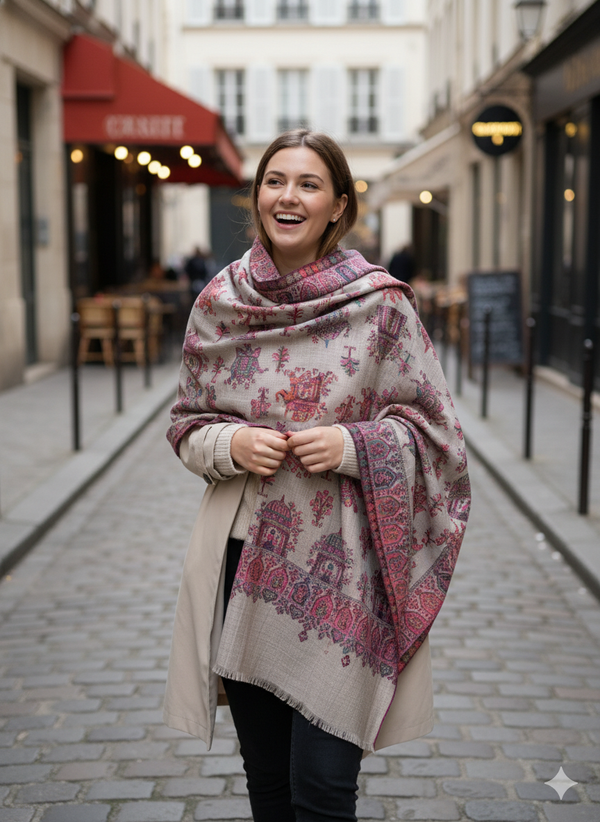 Elegant Wool Blend Shawl with kani Weave in Beige