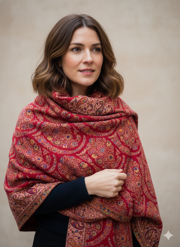 Deep Maroon Kani Shawl in Warm Wool Blend