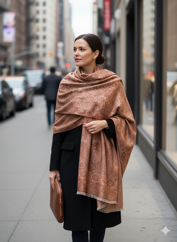 Beige Jamawar Shawl with Subtle Embroidered Design