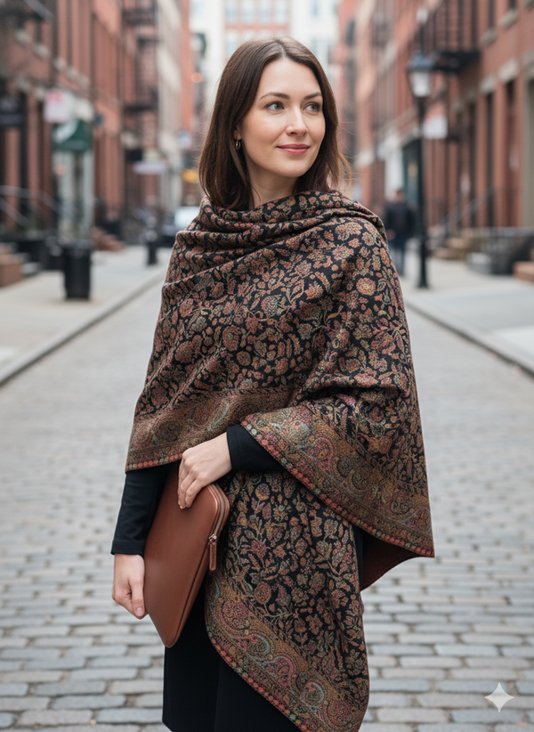 Black Jamawar Shawl with Artisanal Detailing