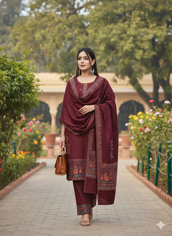 Deep Wine Woollen Suit Ensemble
