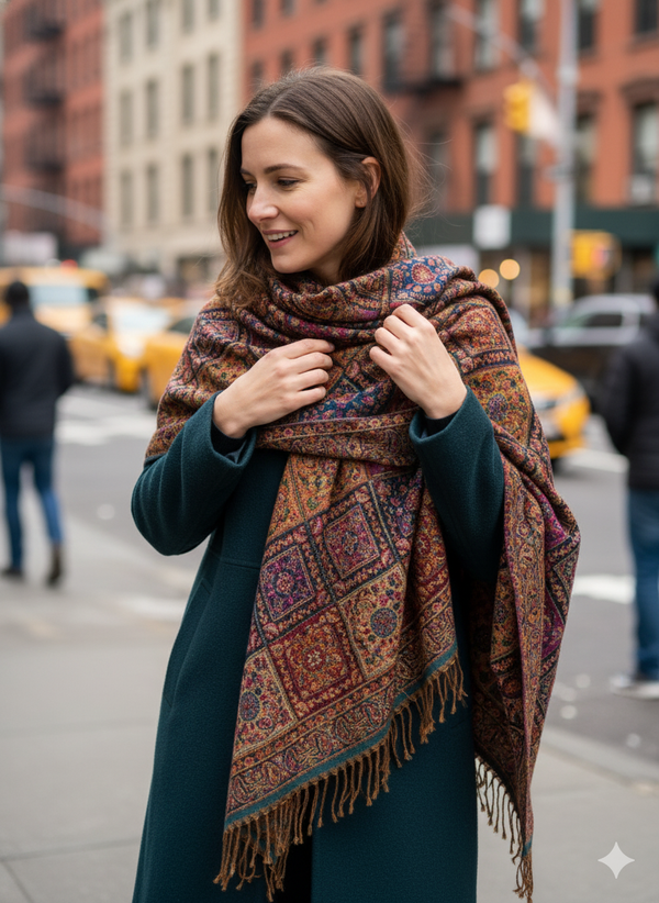 Classic Black Wool Shawl with Kani Finish