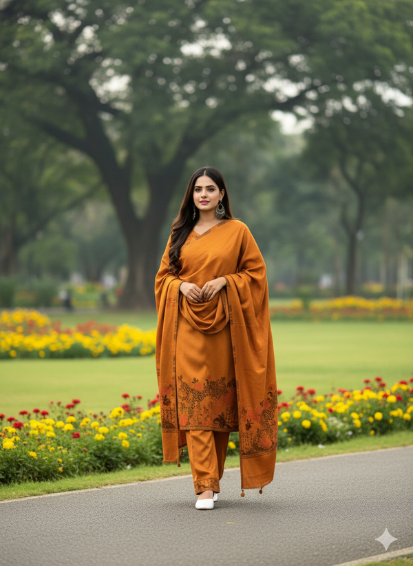 Golden Mustard Woollen Suit Ensemble