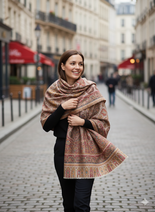 Lightweight Wool Shawl with Subtle design in Beige