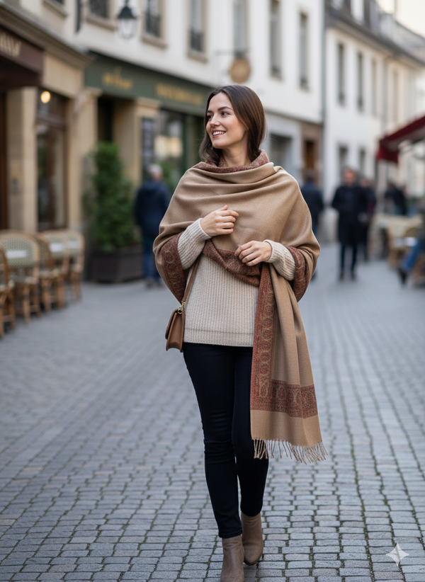 Luxurious Light Brown Jamawar Shawl with Classic Motif