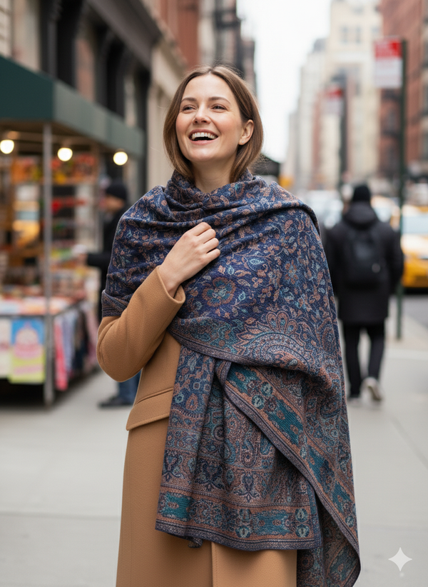 Deep Blue Jamawar Shawl with Traditional Accents