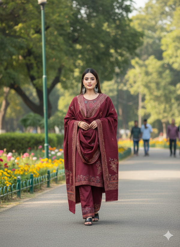 Opulent Wine Woollen Suit Ensemble