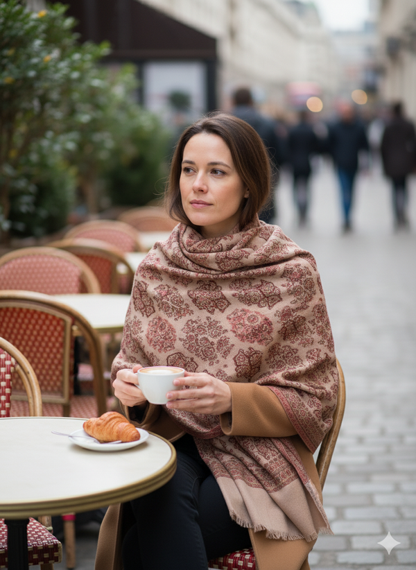 Soft Beige Jamawar Shawl with Traditional Pattern