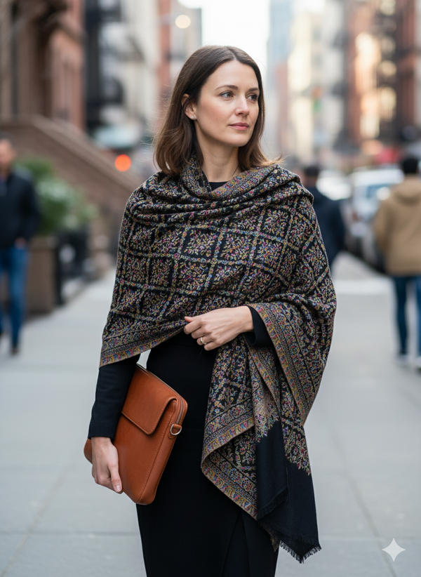 Heritage-Inspired Black Jamawar Shawl with Fine Weave