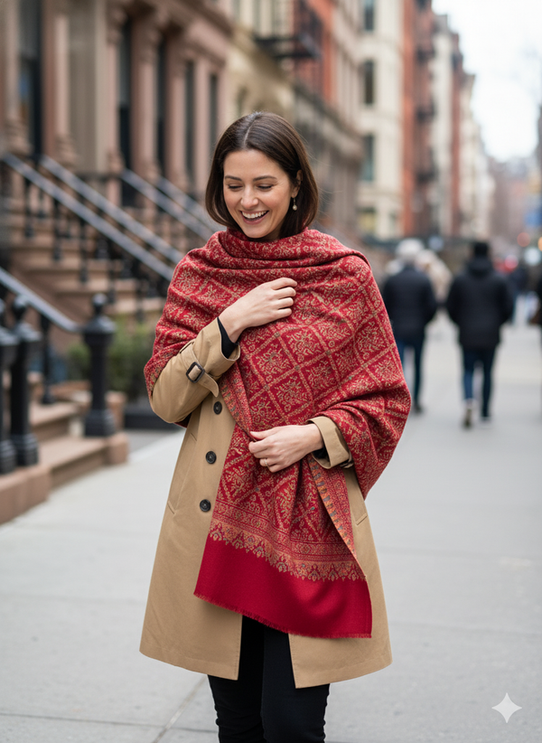 Vibrant Red Jamawar Stole with Ornate Weaving