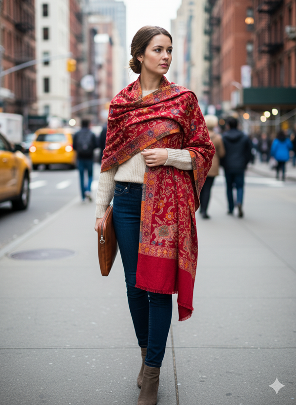 Classic Red Jamawar Stole with Intricate Work