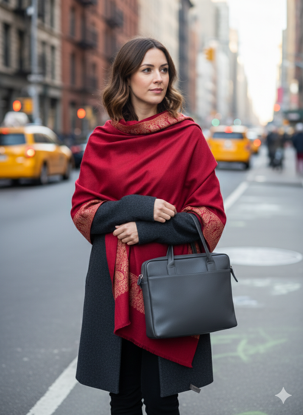Rich Red Jamawar Shawl with Detailed Embroidery
