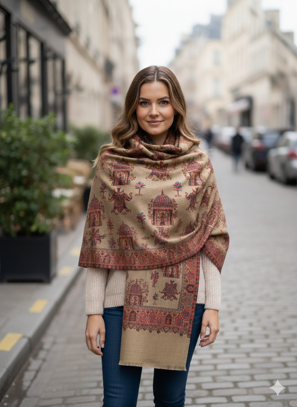 Fine Wool Blend Shawl with Beige kani Design