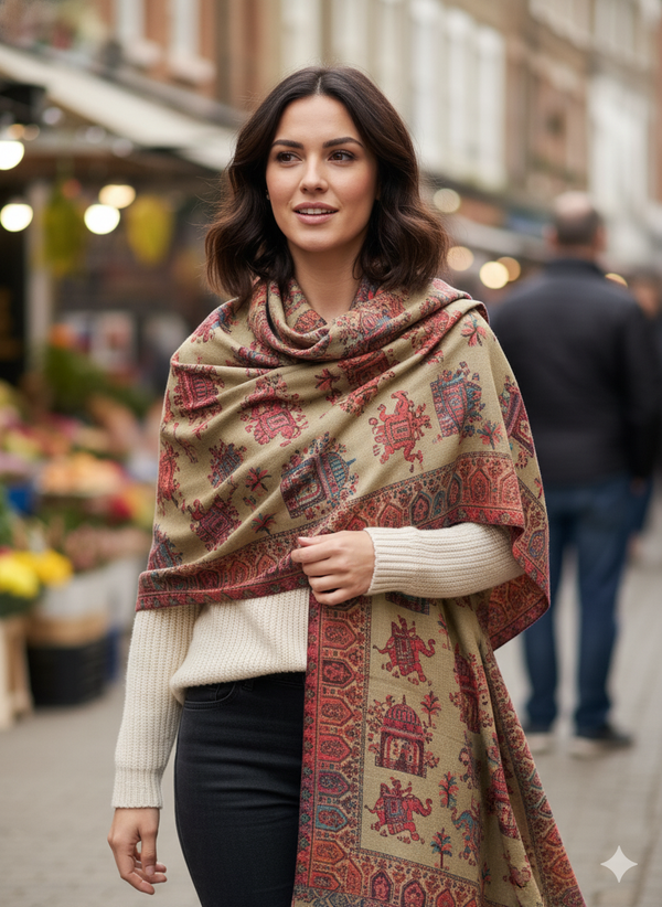 Soft Shawl Wool Blend with Subtle kani Motif in Beige