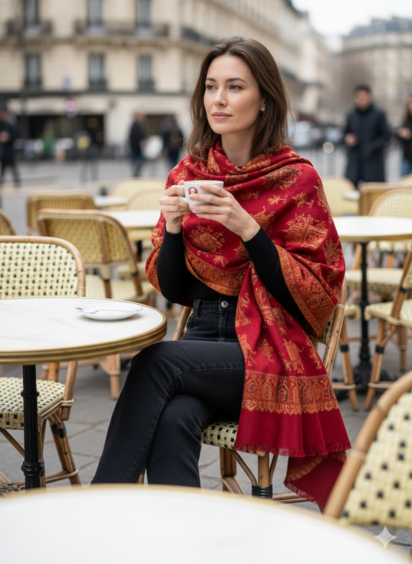 Wool Blend Shawl with Classic kani Detailing in Maroon